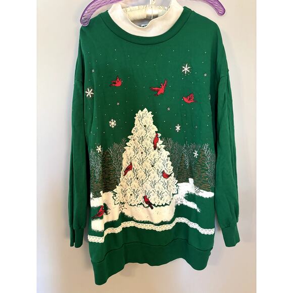 Vintage Christmas Tree + Cardinals Nut Cracker Double Collar Crewneck Sweater 1X - Picture 3 of 5
